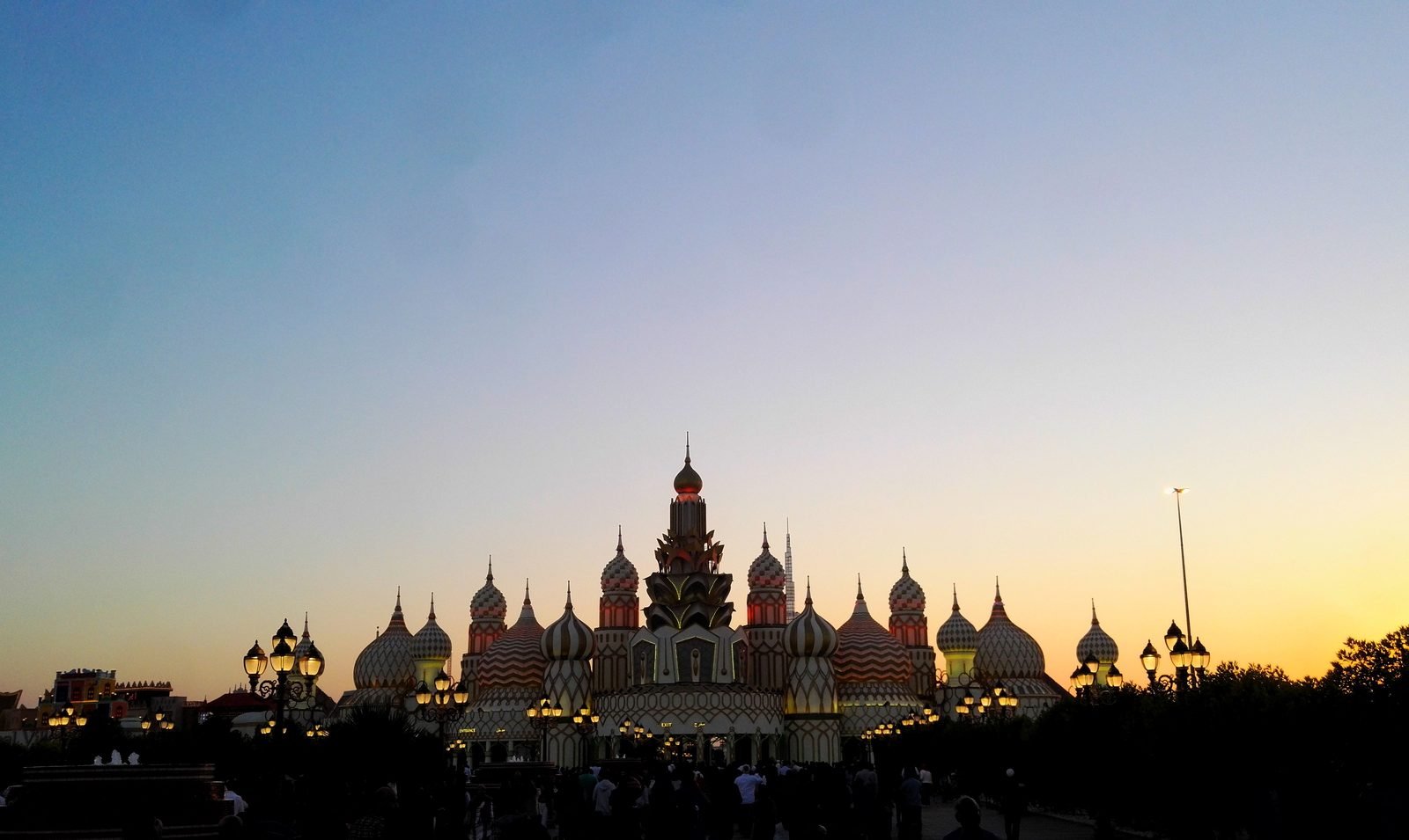 Entrance to Global Village Dubai with colourful pavilion buildings