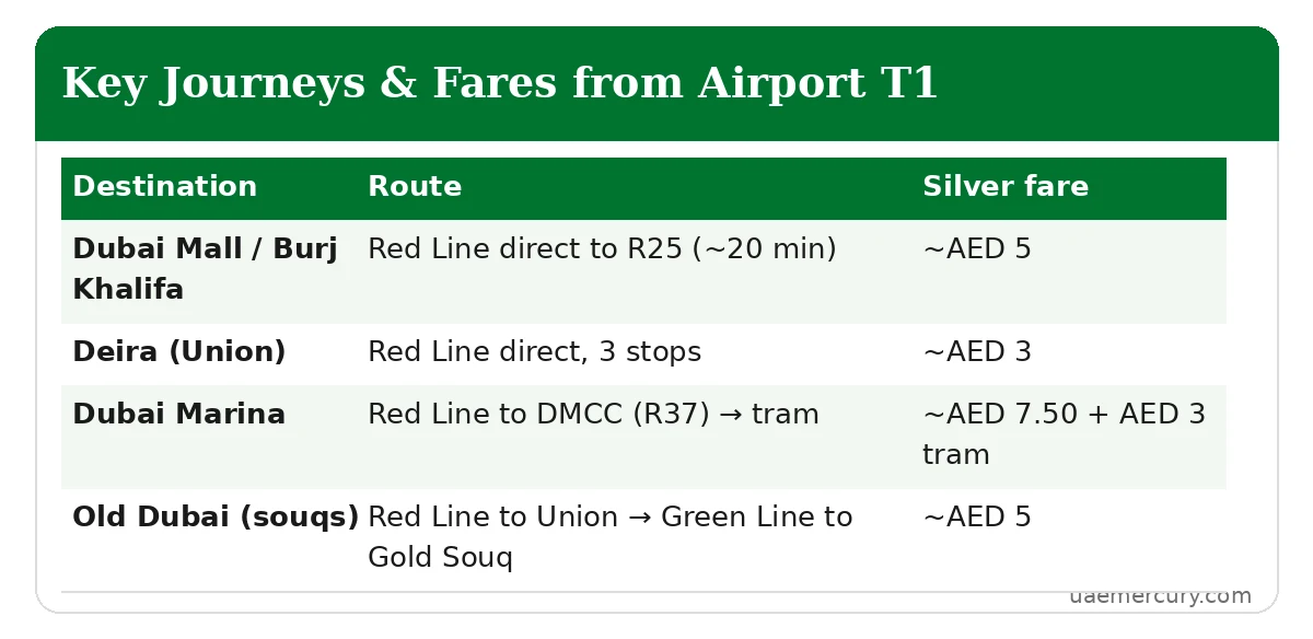 Key journeys and Nol Silver fares from Airport Terminal 1 metro station