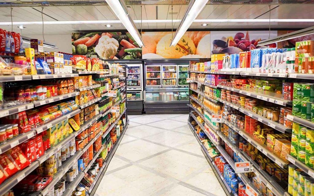 Budget grocery shelves inside a Baqer Mohebi supermarket branch in Dubai