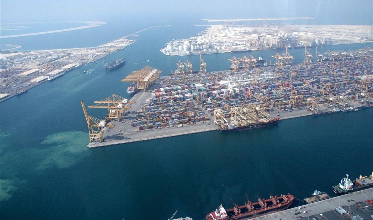 Aerial view of Jebel Ali Port, Dubai — the industrial heart of the Gulf where Ravi Pillai built his RP Group fortune