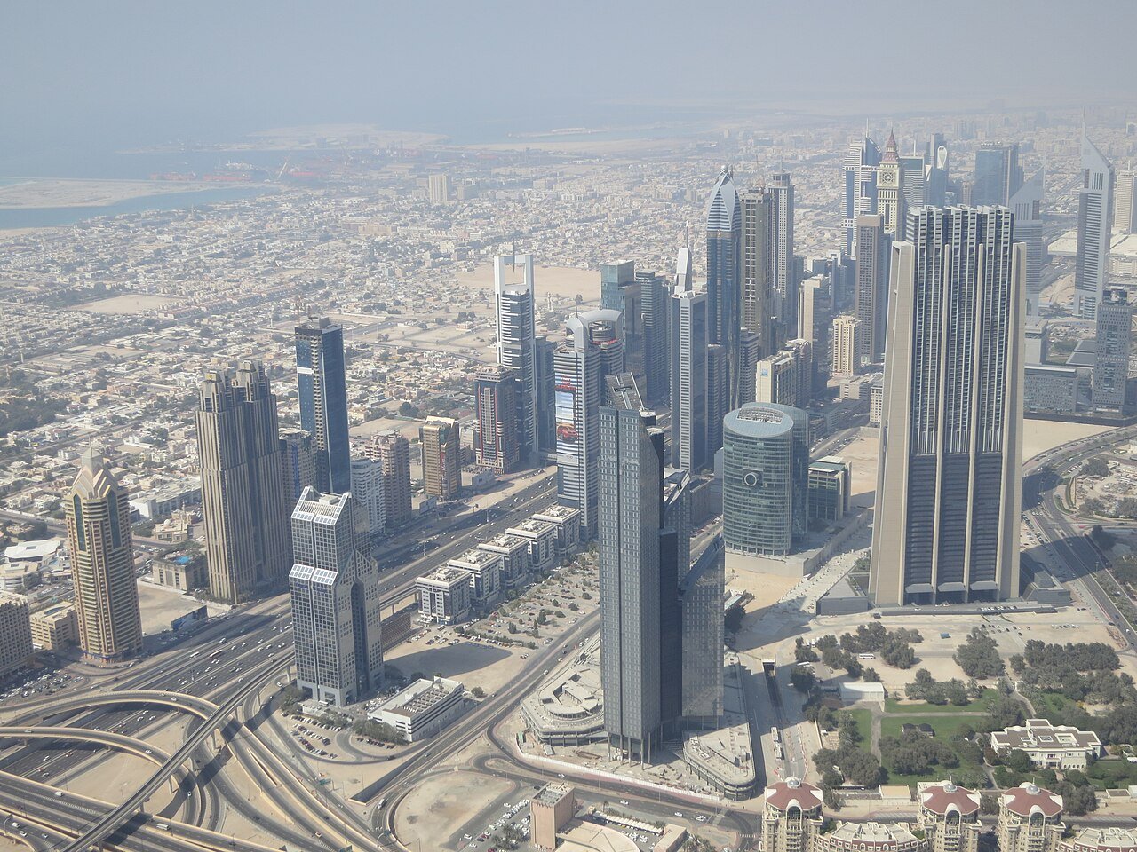 Aerial view of skyscrapers along Sheikh Zayed Road, Dubai's main business district