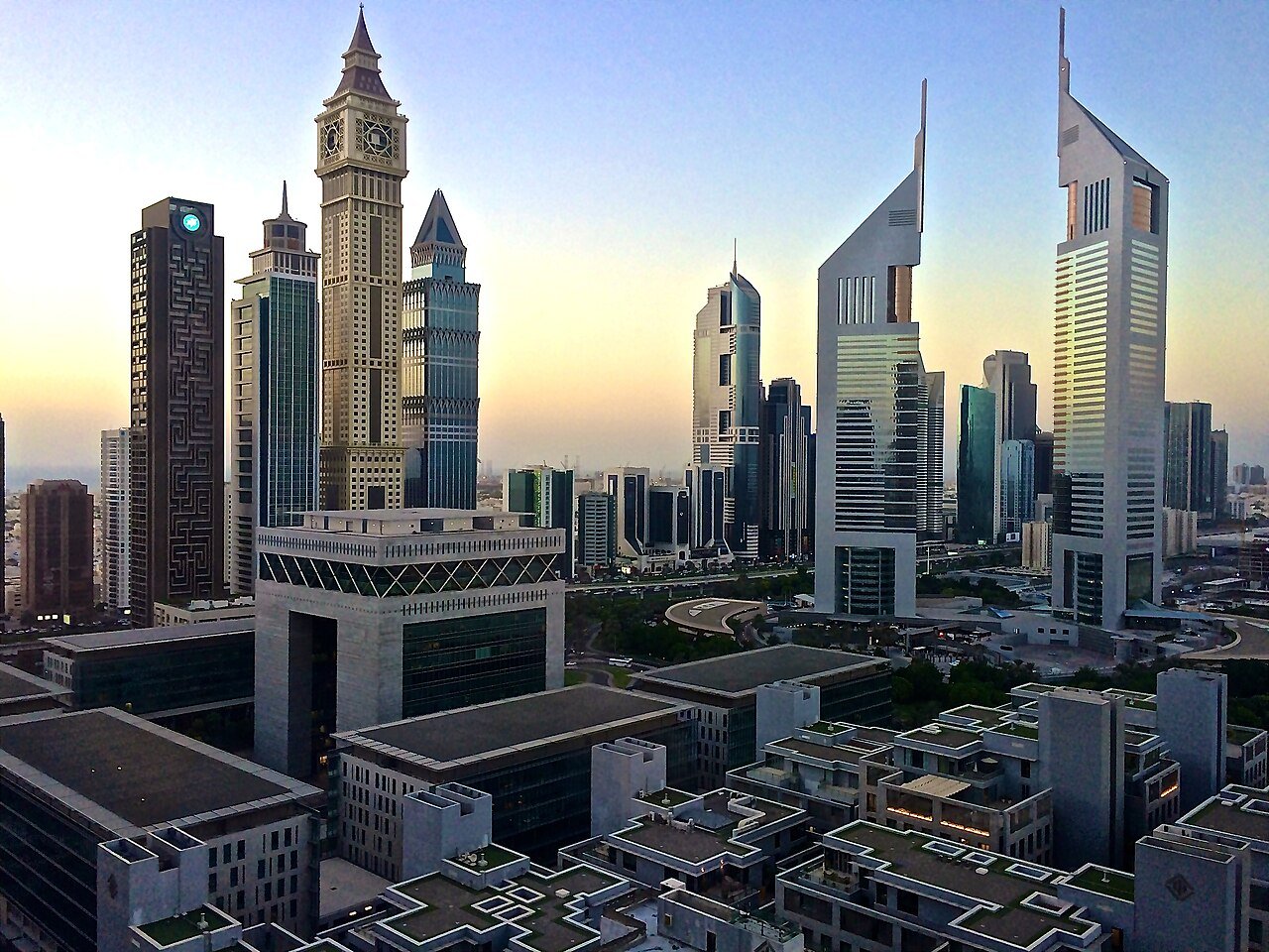 Dubai skyline at dawn with the Emirates Towers, where every tenancy contract must be registered with Ejari