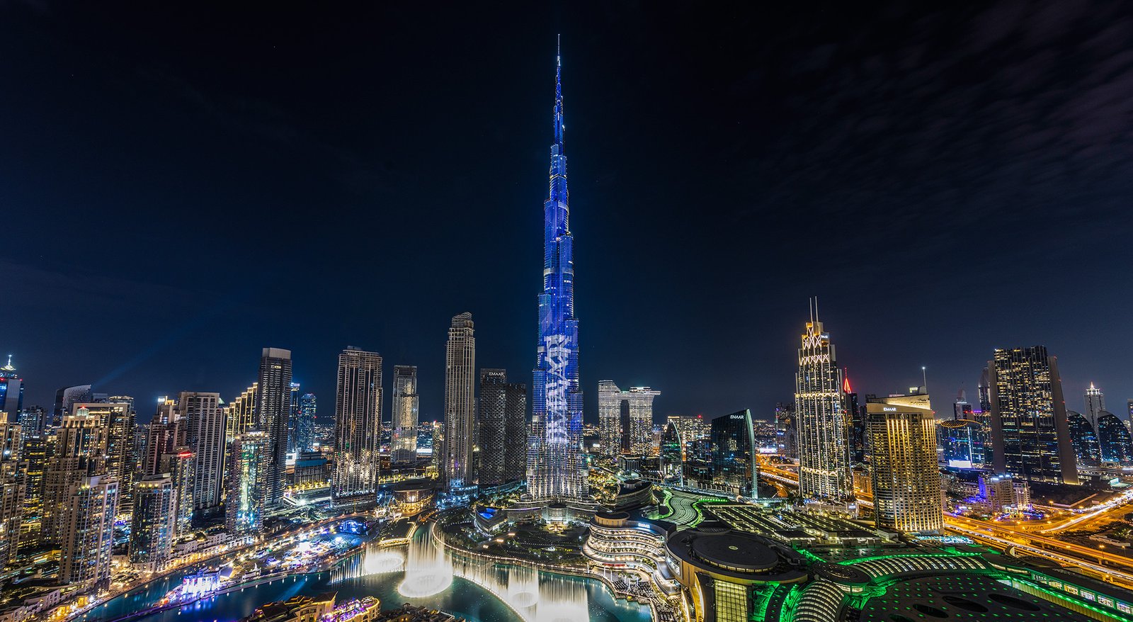 Burj Khalifa lit up at night in Dubai, the city where Mo Vlogs built his YouTube fortune