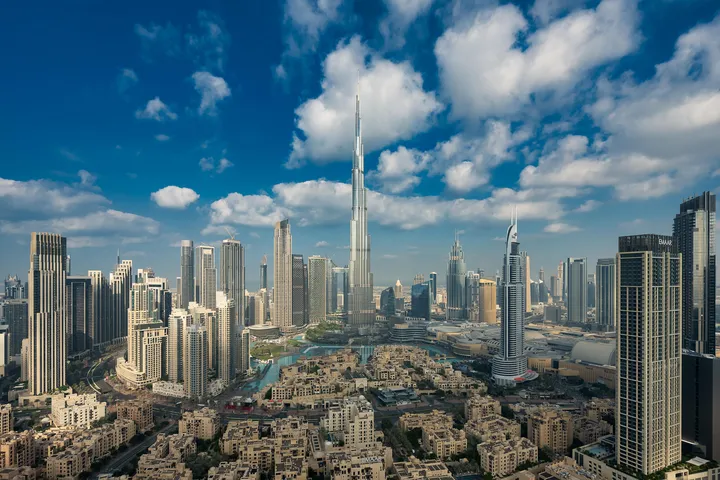 Dubai skyline on a clear December day — blue skies and 26°C afternoons
