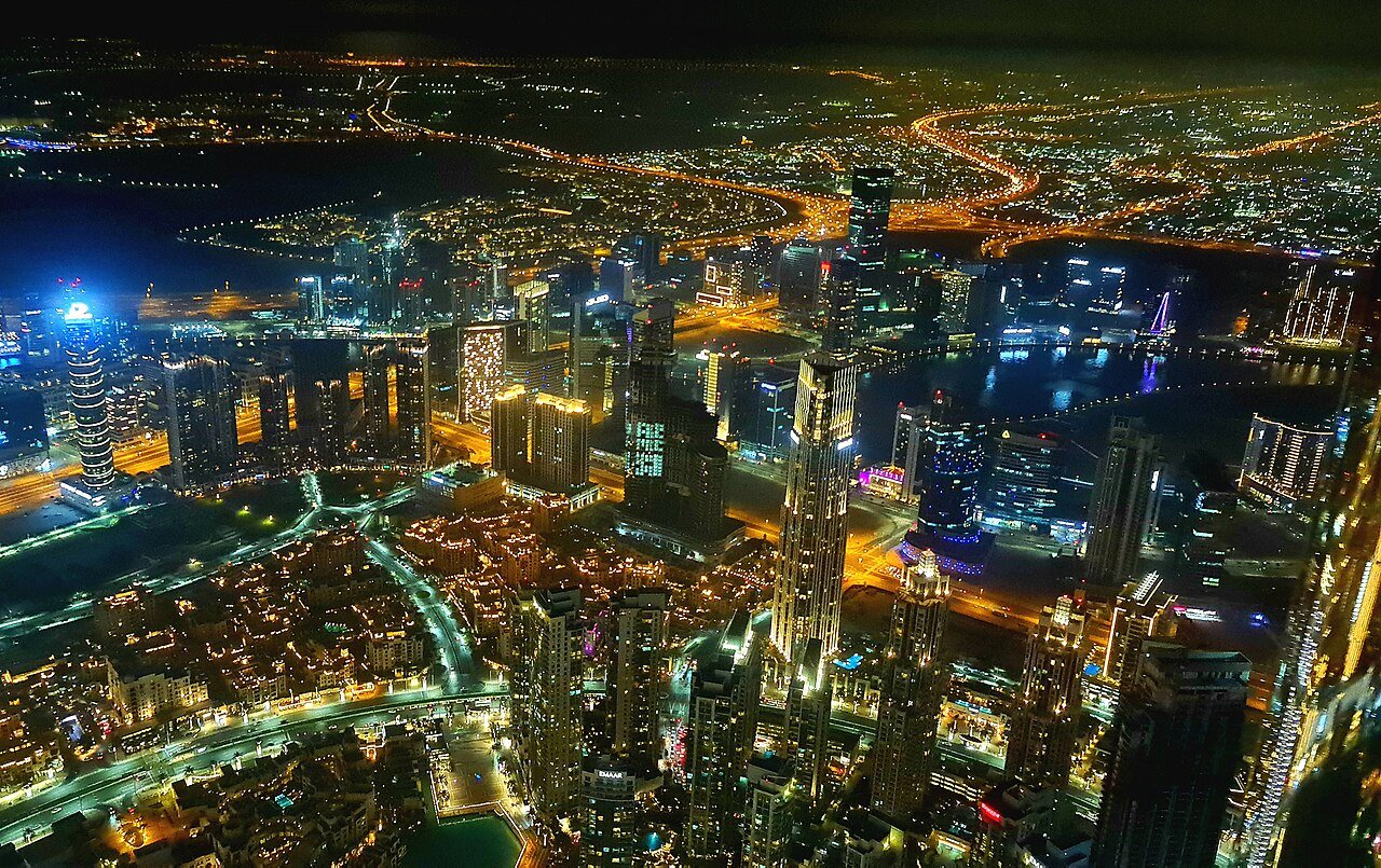 Dubai city lights at night seen from above