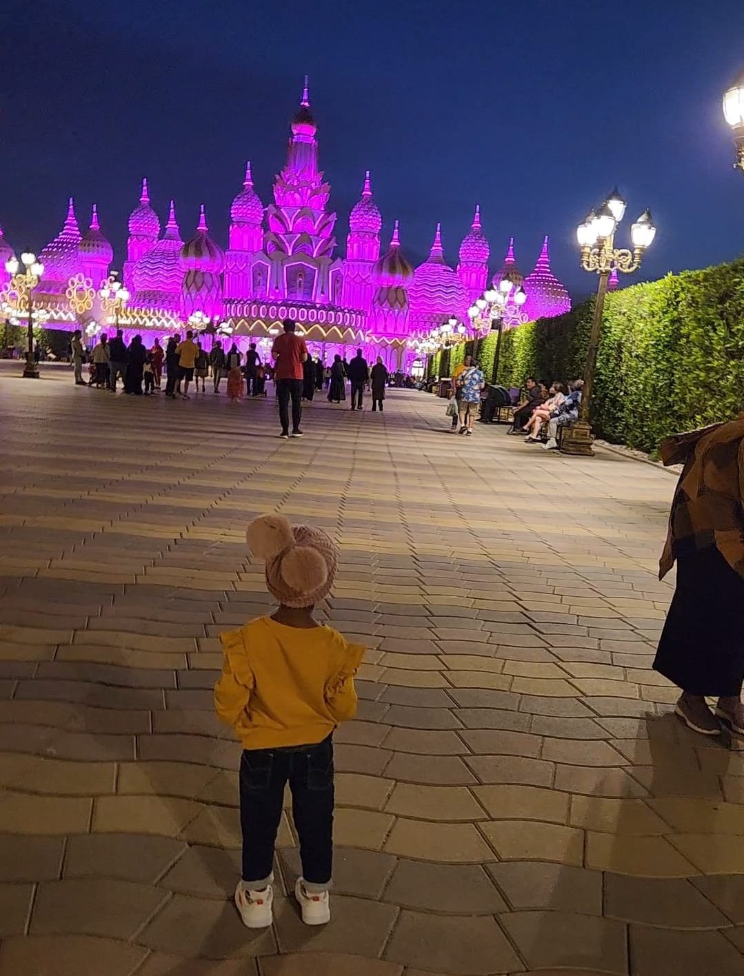 Global Village Dubai pavilion lit up at night during Season 31