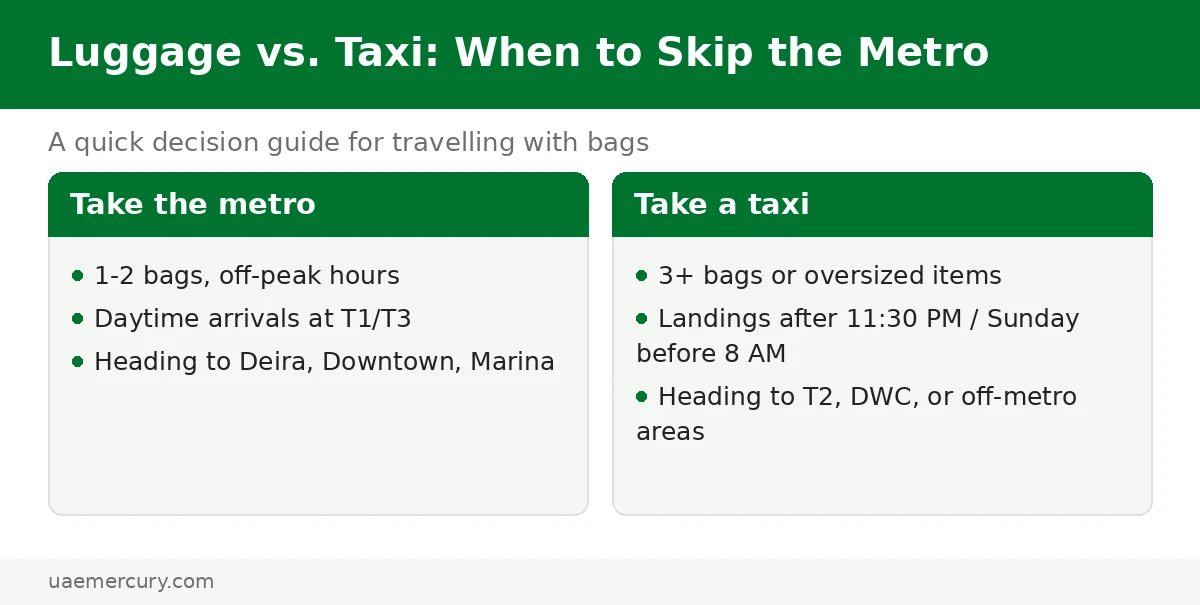 Dubai Metro luggage decision guide — when to take the metro with bags versus when to take a taxi
