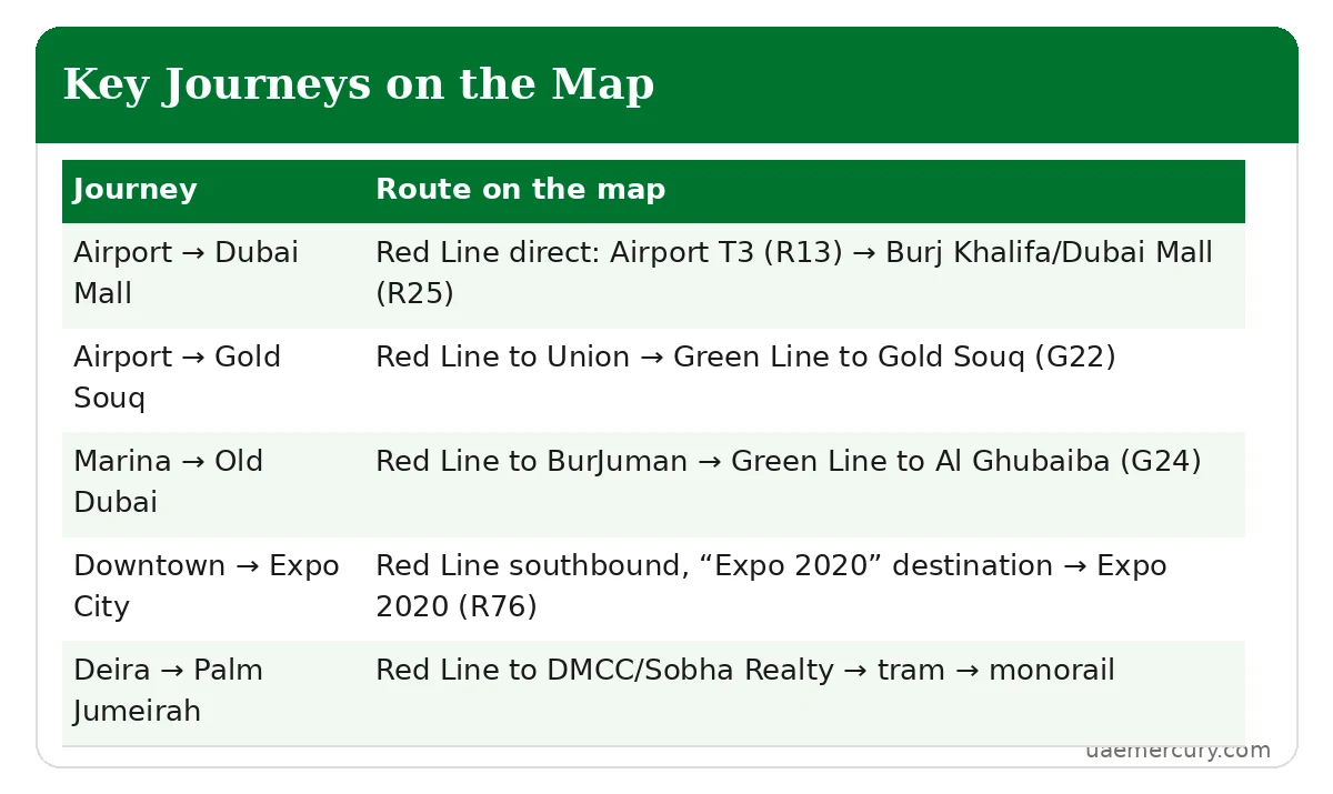 Key journeys on the Dubai Metro map — airport, Marina, Old Dubai routes