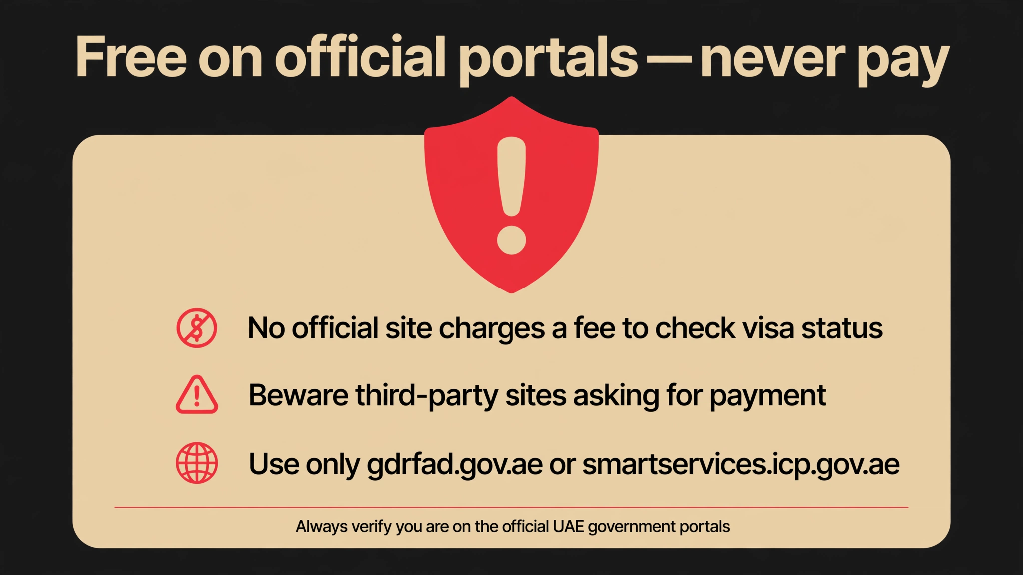 Dubai visit visa status check scam warning — official checks are free, never pay third-party sites