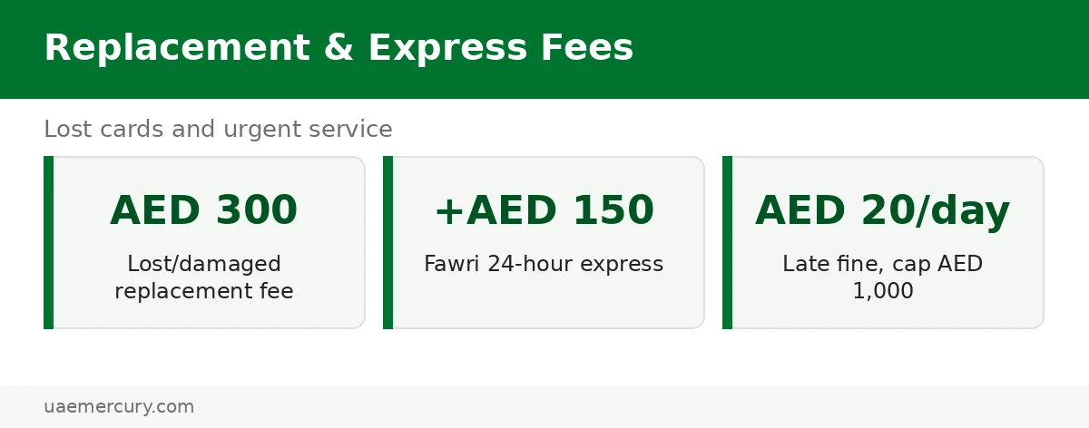Lost Emirates ID replacement cost — emirates id fees: AED 300 replacement plus service and Fawri options