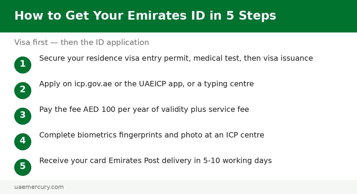 How to get an Emirates ID in 5 steps — emirates id application path: visa, apply, pay, biometrics, delivery