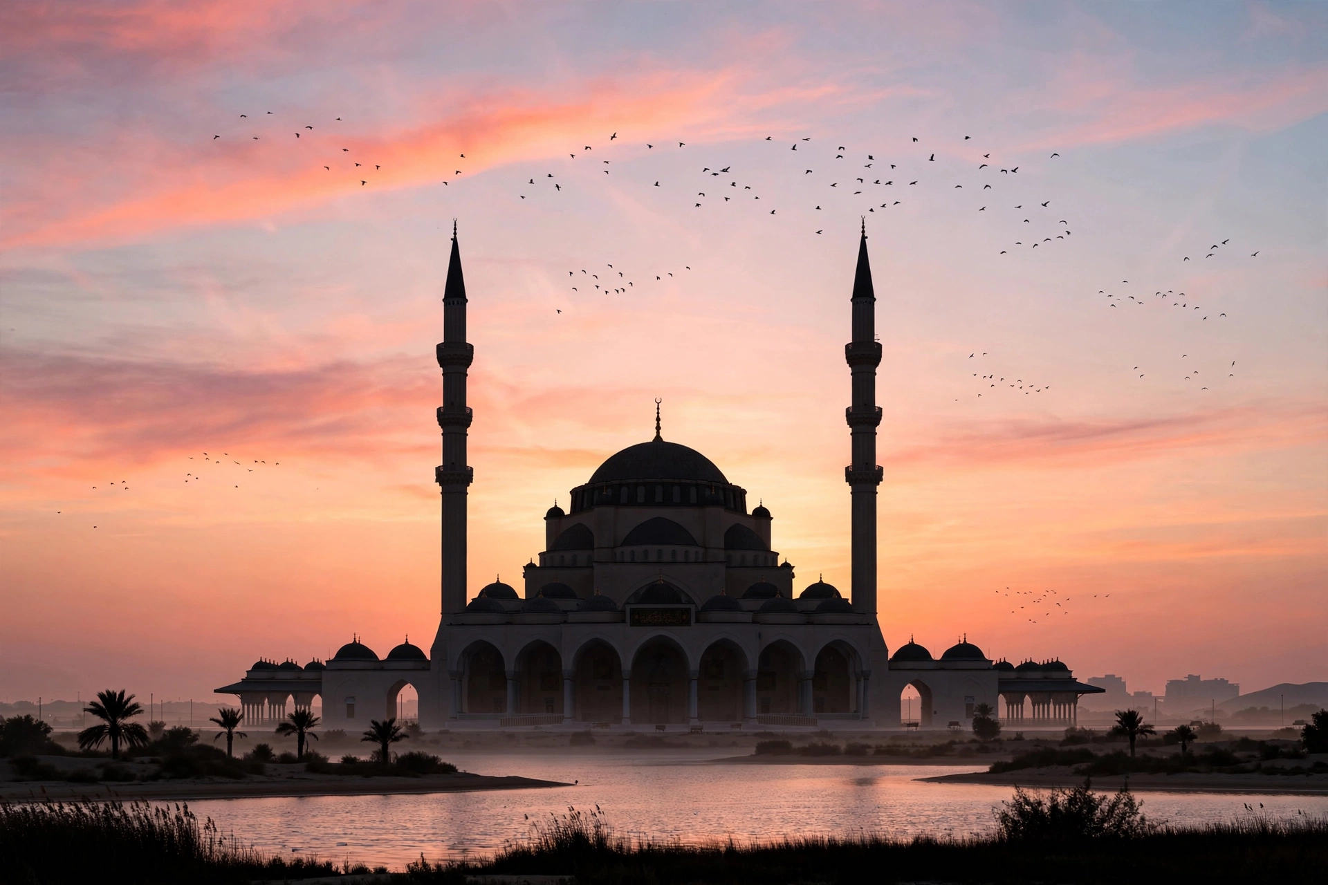 fajr prayer time sharjah — mosque silhouette at dawn