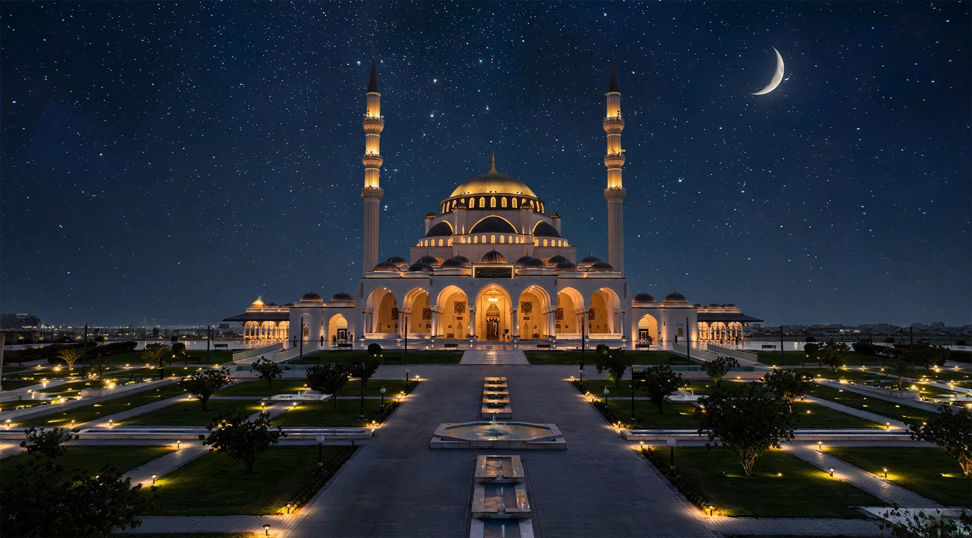 isha prayer time sharjah — mosque illuminated at night