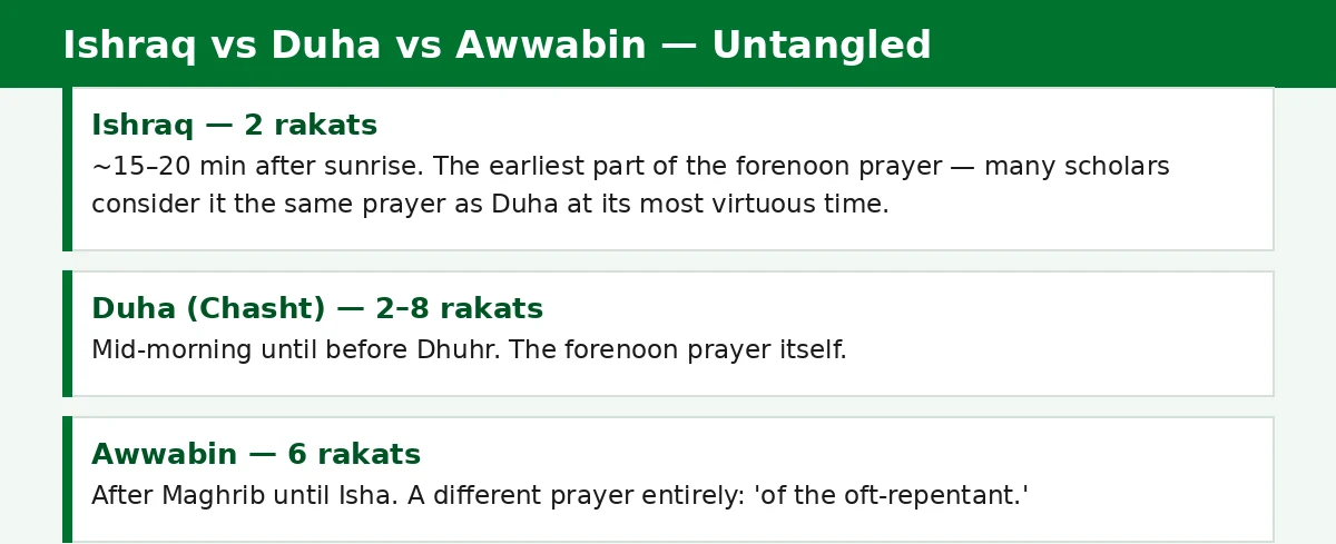 ishraq duha awwabin abu dhabi — comparison of Ishraq, Duha (Chasht) and Awwabin prayers