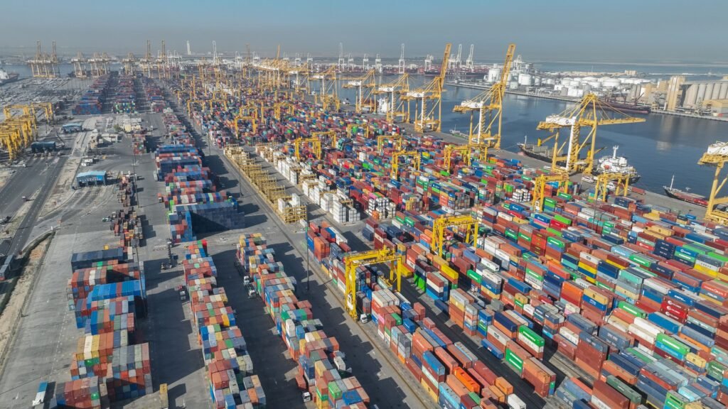 JAFZA Gate 3 Jebel Ali container terminal with stacked containers