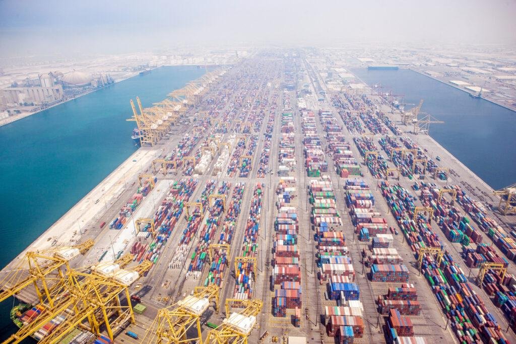 Container trucks and customs area near JAFZA Gate 4 Jebel Ali Free Zone