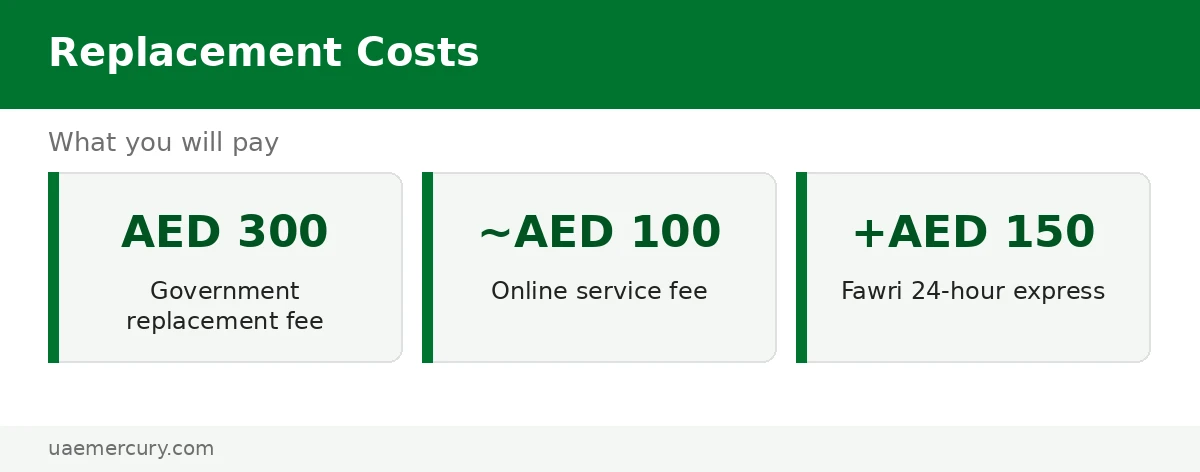 Lost Emirates ID replacement cost breakdown — lost emirates id: AED 300 fee plus service and express options