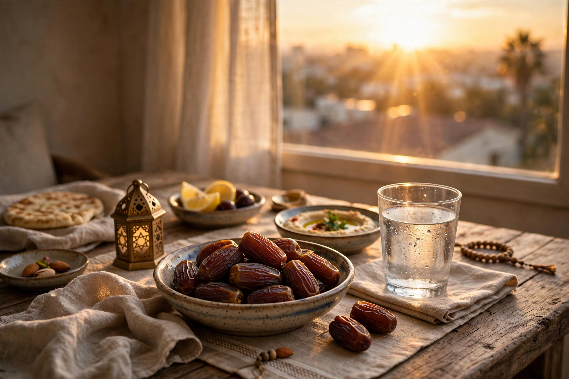 maghrib prayer time sharjah — iftar with dates and water at sunset