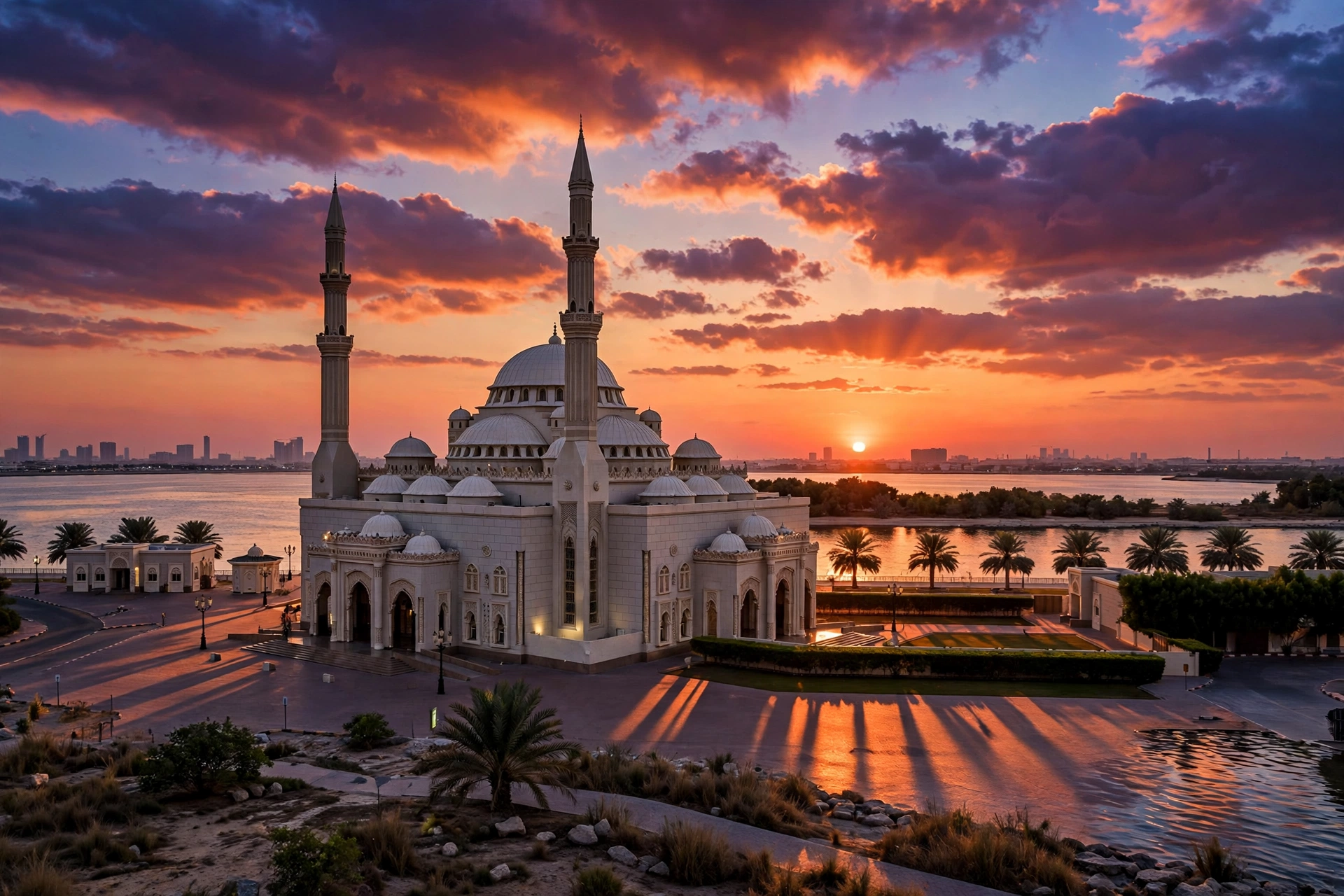 maghrib prayer time sharjah — mosque at sunset