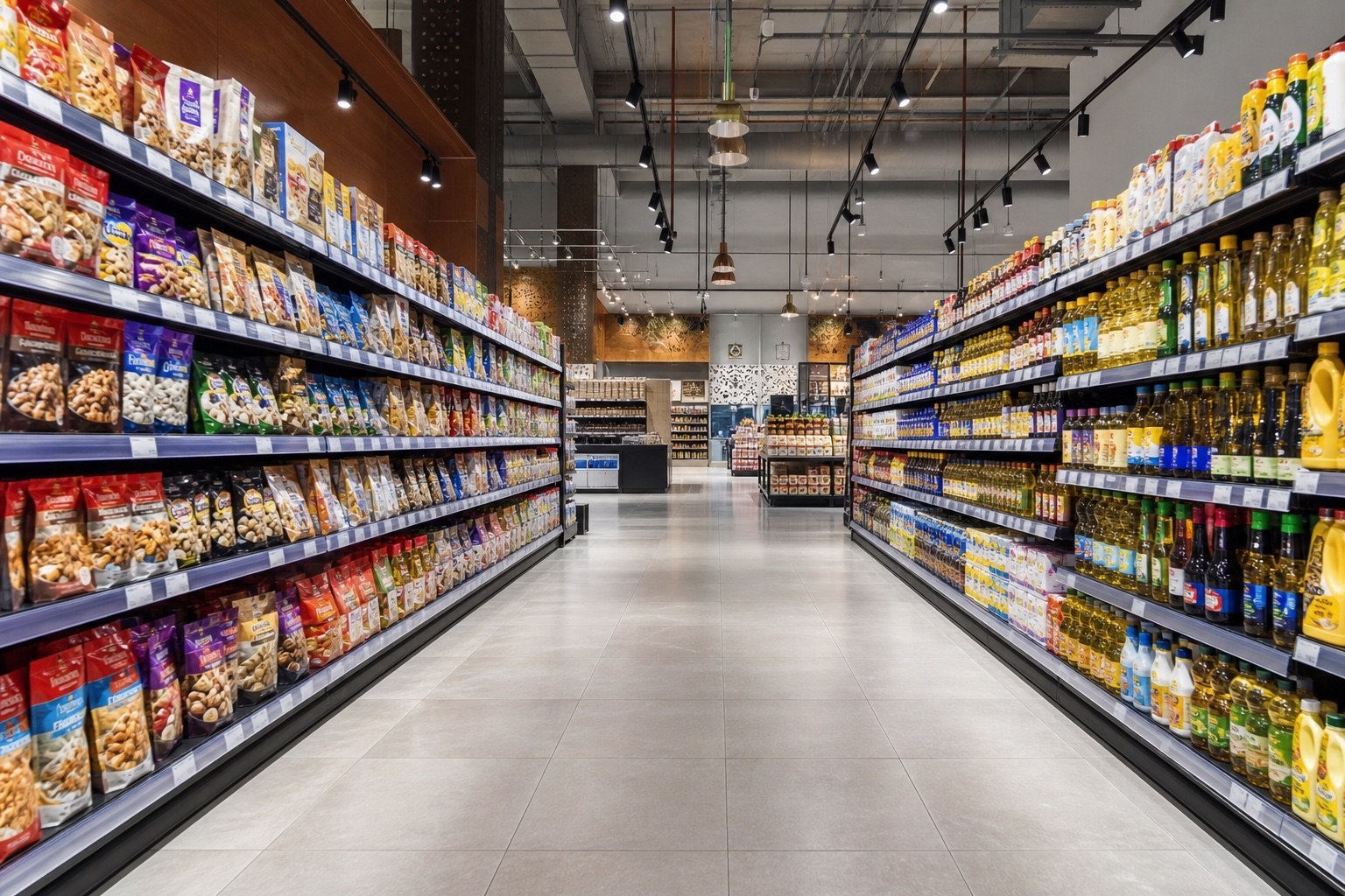 Nesto Hypermarket grocery aisle with fresh produce and stocked shelves