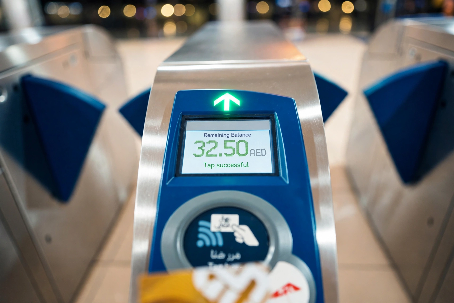 nol card minimum balance — metro gate display showing remaining AED balance after tap