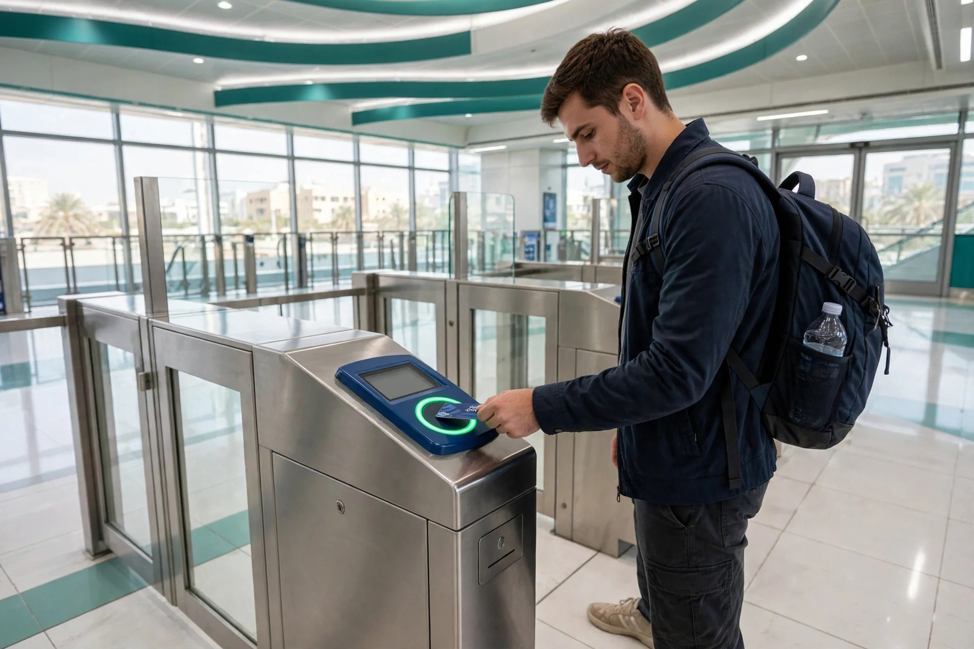 nol card dubai — tourist tapping nol card at Dubai metro gate