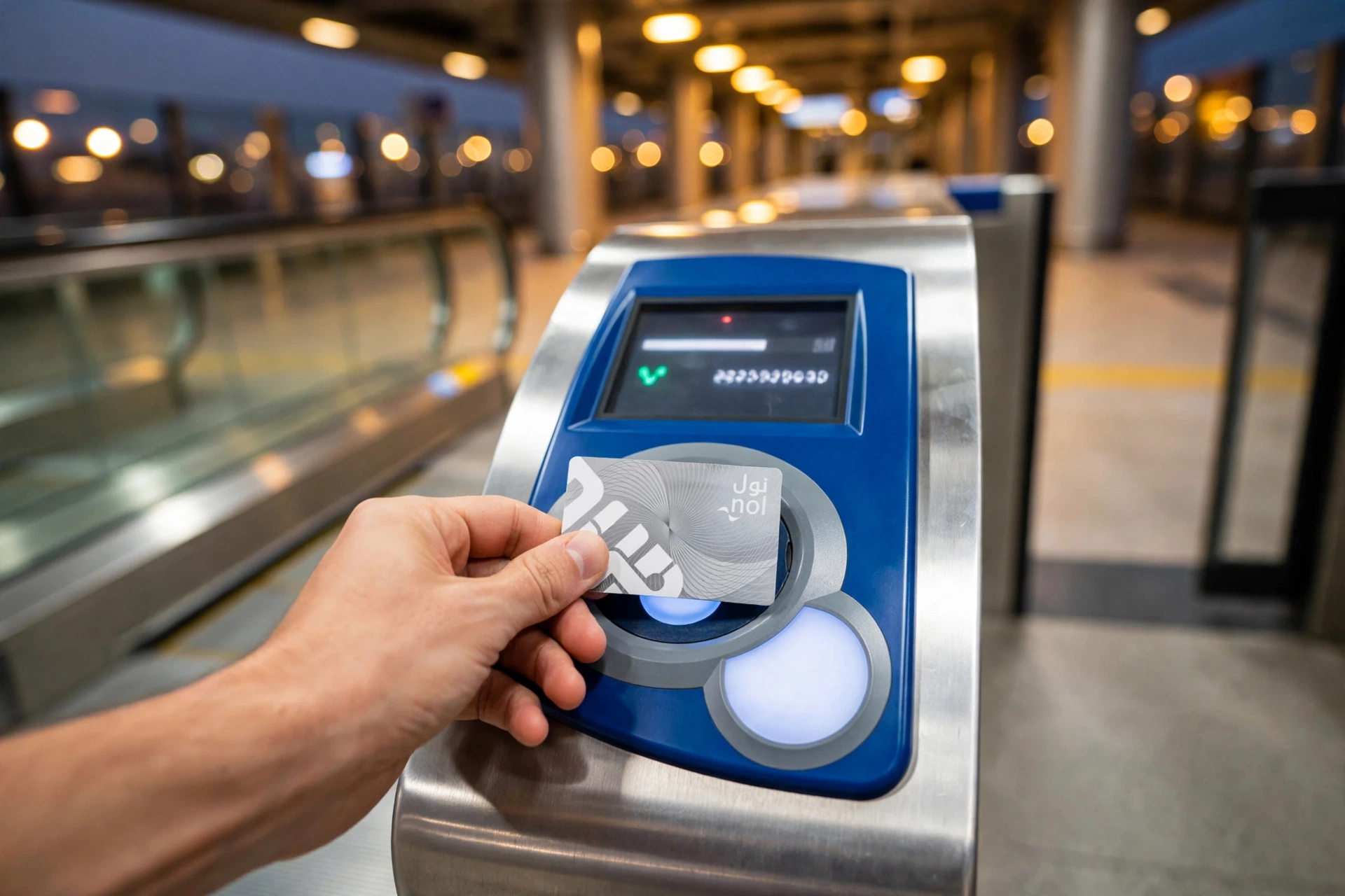 nol card monthly pass fares — commuter tapping nol card at dubai metro gate fare display