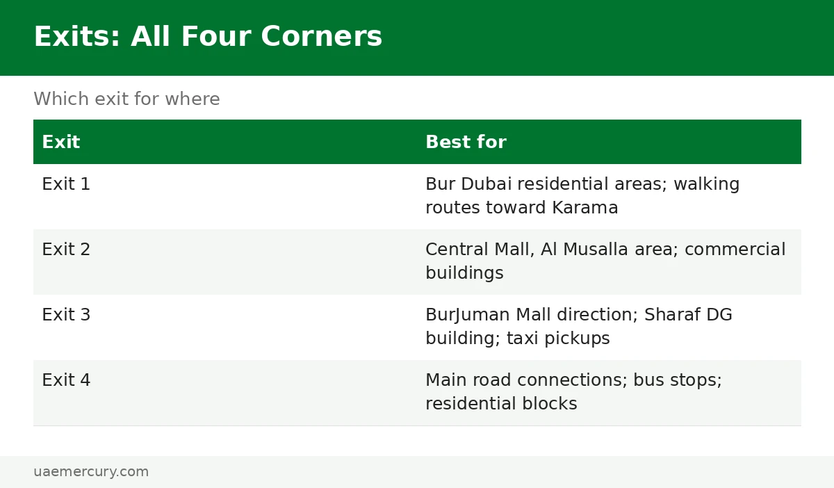 Sharaf DG metro station exit guide — four exits for Karama, Central Mall, BurJuman Mall and bus stops