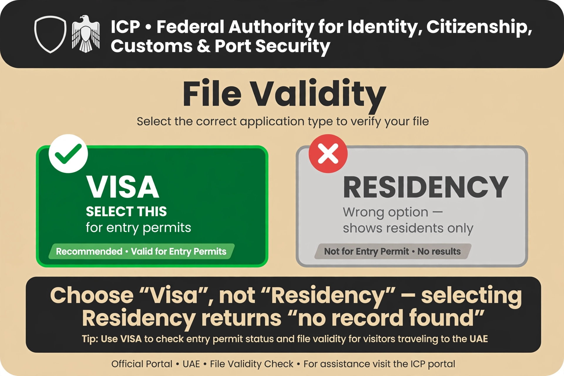 uae entry permit status check — select Visa not Residency on the ICP File Validity portal