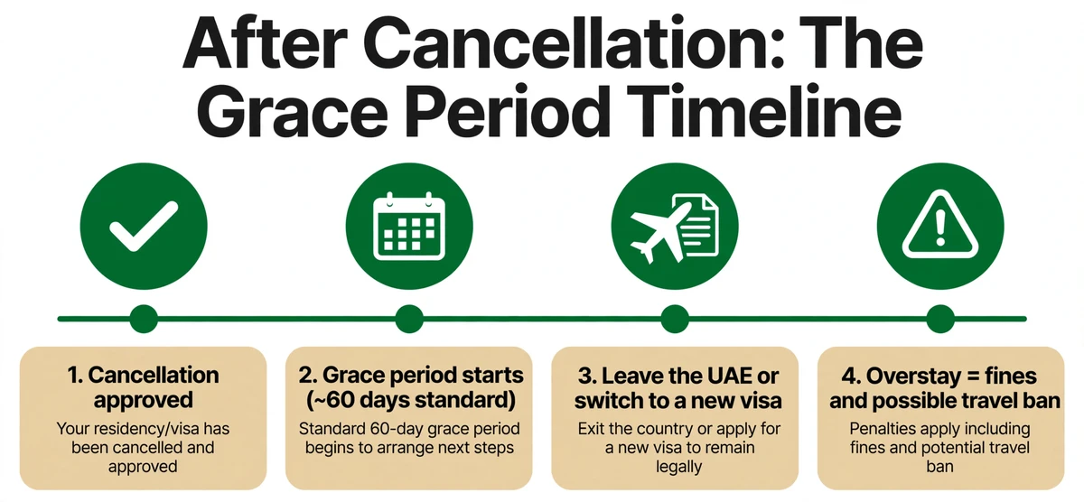 UAE visa cancellation status check — grace period timeline from cancellation to exit or new visa