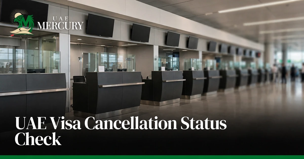 UAE visa cancellation status check — Dubai airport immigration hall where visa records are managed